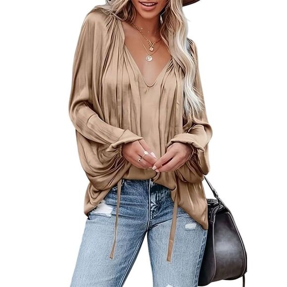 Chic V-Neck Satin Boho Blouse L Khaki Hippie Brunch Spring Fall Trendy - Picture 2 of 9